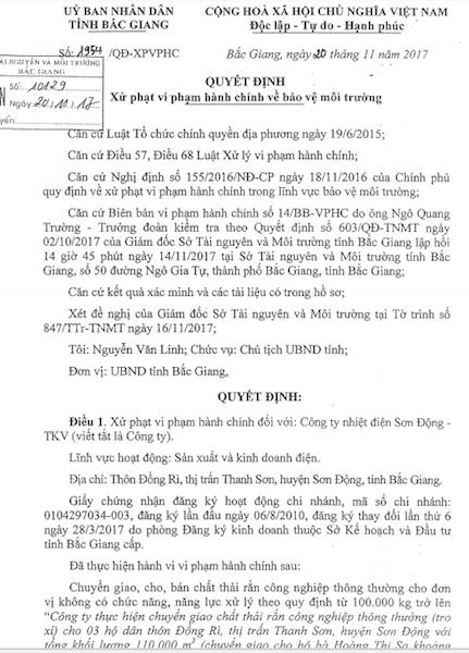 UBND tỉnh Bắc Giang phạt hành chính 400 triệu đối với hành vi vi phạm của Công ty nhiệt điện Sơn Động.