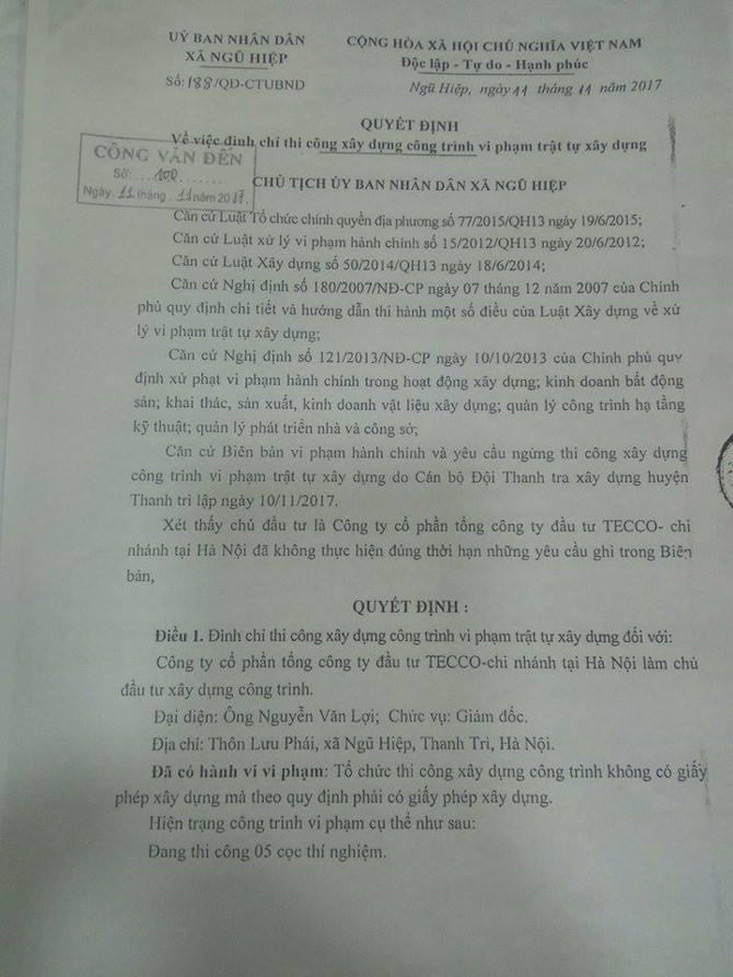 Quyết định đình chỉ thi công xây dựng đối với Công ty CP tổng công ty đầu tư TECCO.