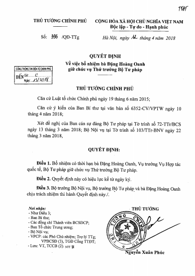 Bà Đặng Hoàng Oanh được bổ nhiệm giữ cương vị Thứ trưởng Bộ Tư pháp