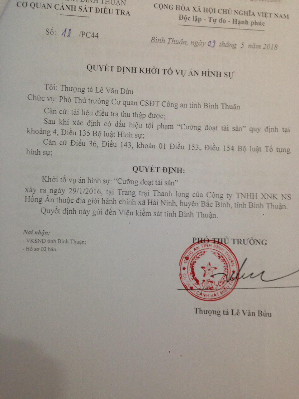 Bình Thuận: Khởi tố vụ án “đánh chiếm” trang trại thanh long Hồng Ân