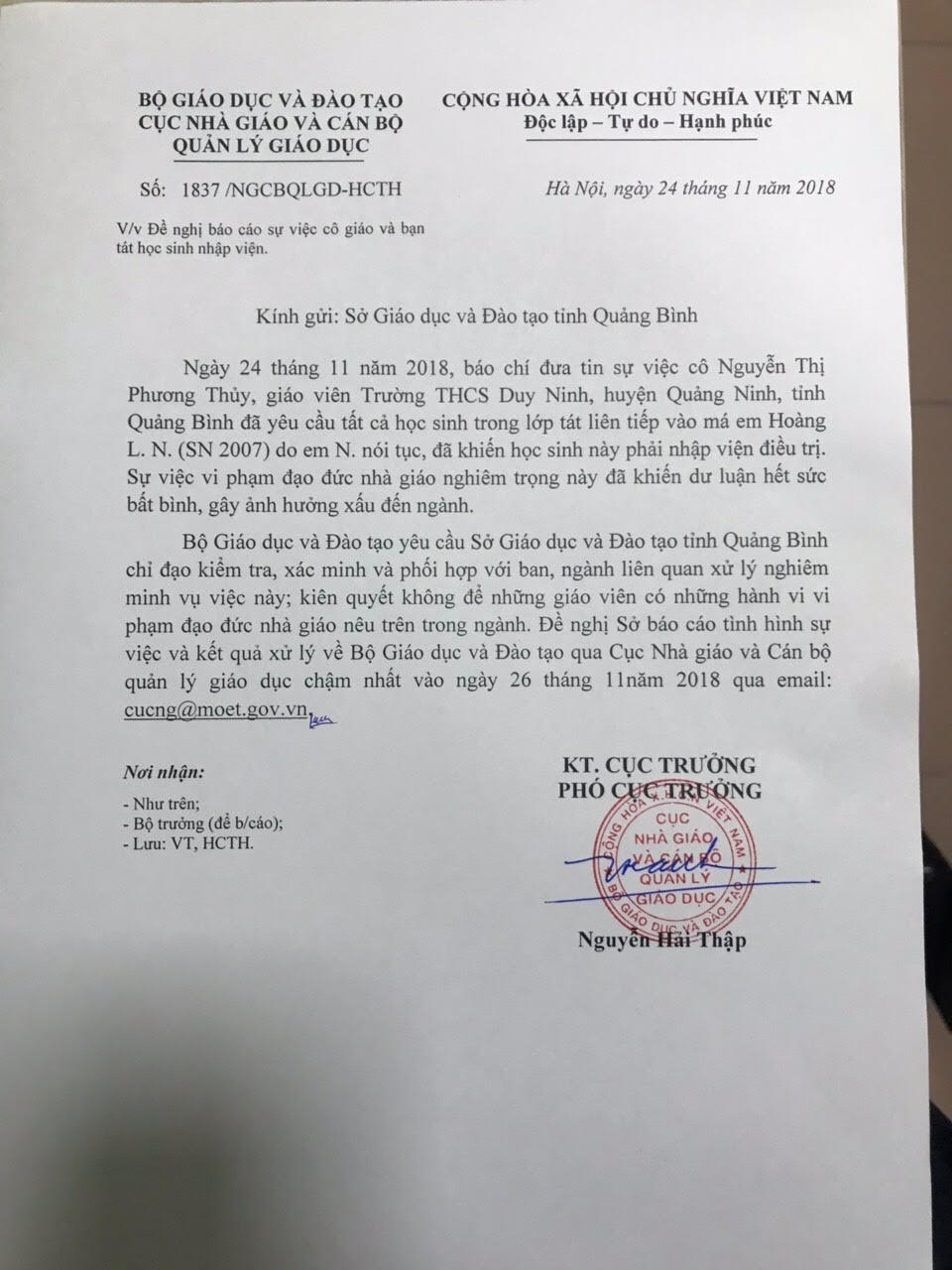 Bộ Giáo dục và Đào tạo yêu cầu xử lý nghiêm vụ cô giáo chỉ đạo học sinh tát bạn 230 cái