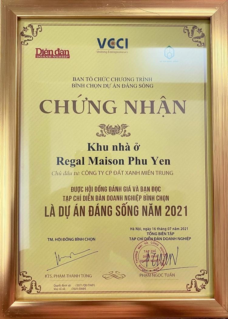 Regal Maison Phu Yen của Đất Xanh Miền Trung xuất sắc ghi danh “Dự án đáng sống 2021”