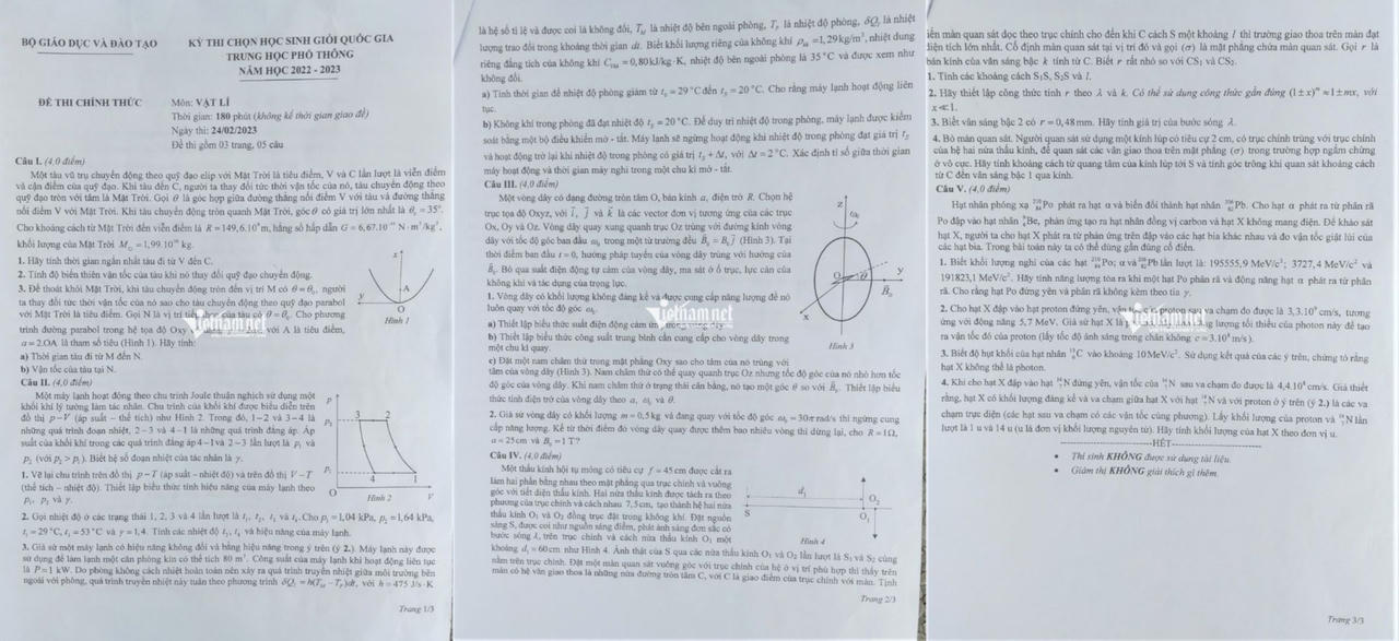 Đề thi chọn học sinh giỏi quốc gia 3 môn Toán, Ngữ văn, Vật lý