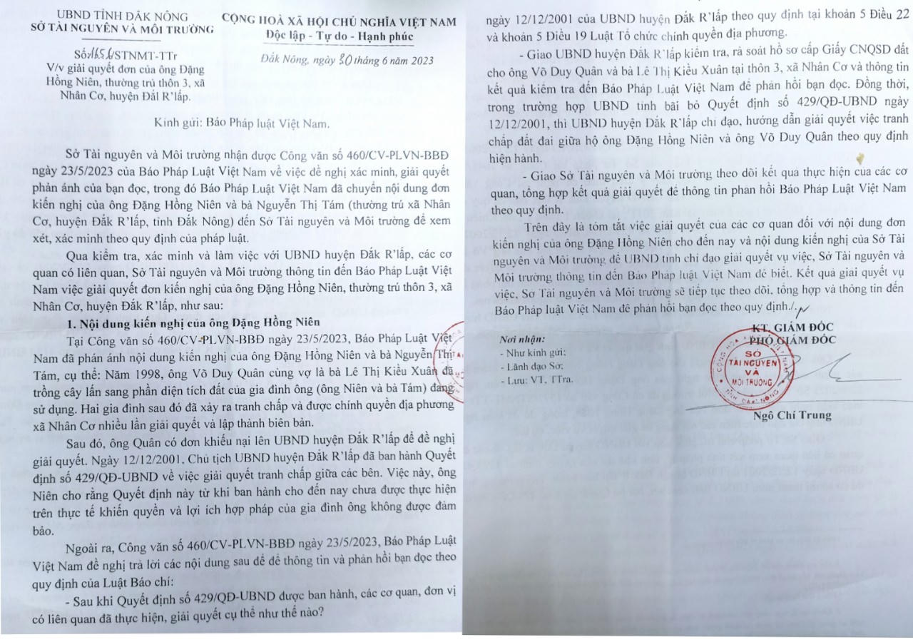 Sở Tài nguyên và Môi trường Đắk Nông: Thông tin về một vụ tranh chấp đất kéo dài nhiều năm
