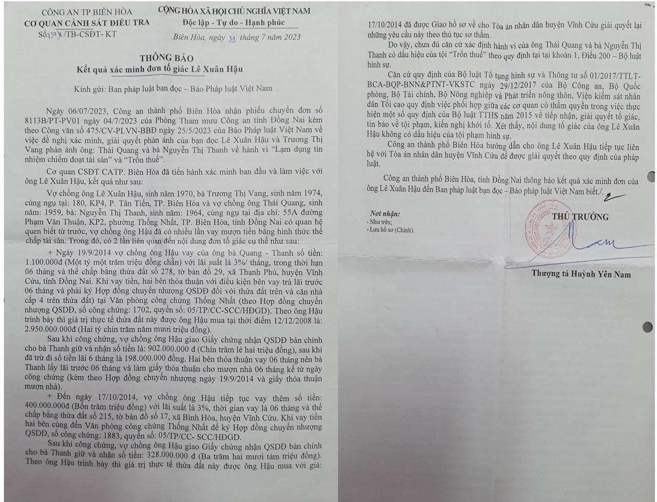 Công an Biên Hòa (Đồng Nai) thông báo kết quả xác minh một vụ tố giác của công dân 