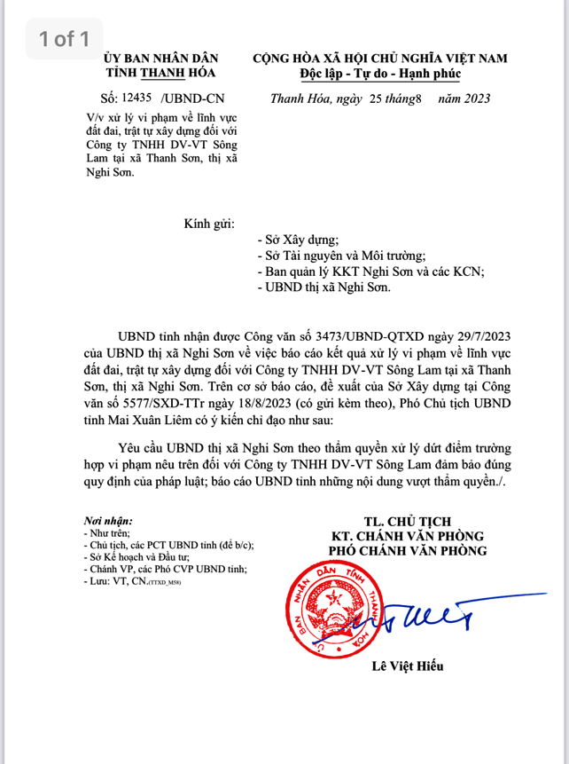 Công trình sai phạm của Cty Sông Lam: UBND Thanh Hóa yêu cầu xử lý dứt điểm