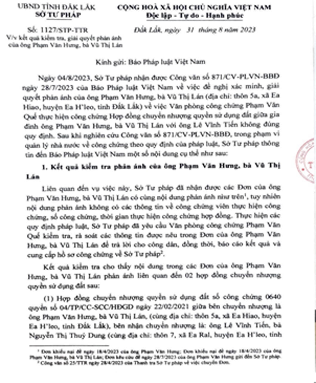 Một vụ công chứng chuyển nhượng đất bị khiếu nại: Sở Tư pháp Đắk Lắk thông tin chi tiết