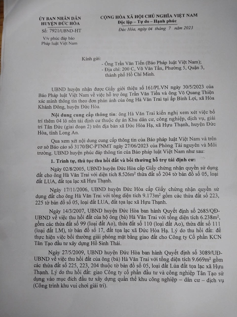Vụ 2 lần lấy đất, chỉ 1 lần được nền tái định cư tại Long An: UBND huyện Đức Hòa trả lời ra sao?