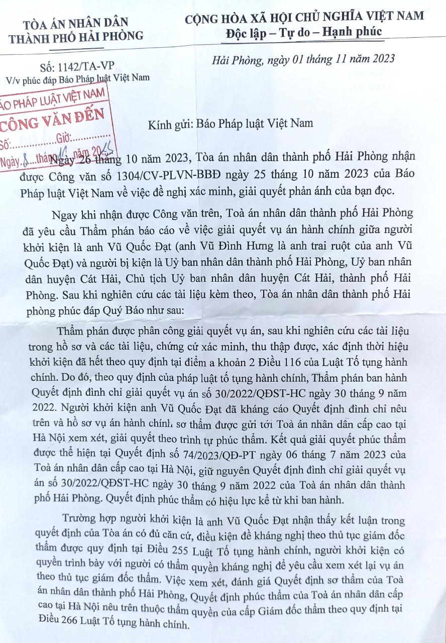 TAND TP Hải Phòng trả lời khiếu nại của công dân