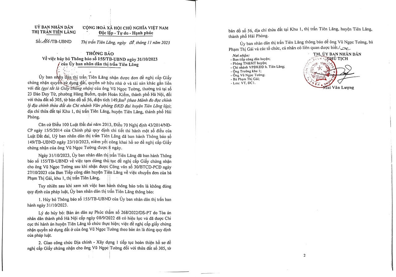 Hải Phòng: UBND thị trấn Tiên Lãng hủy bỏ thông báo chưa phù hợp pháp luật