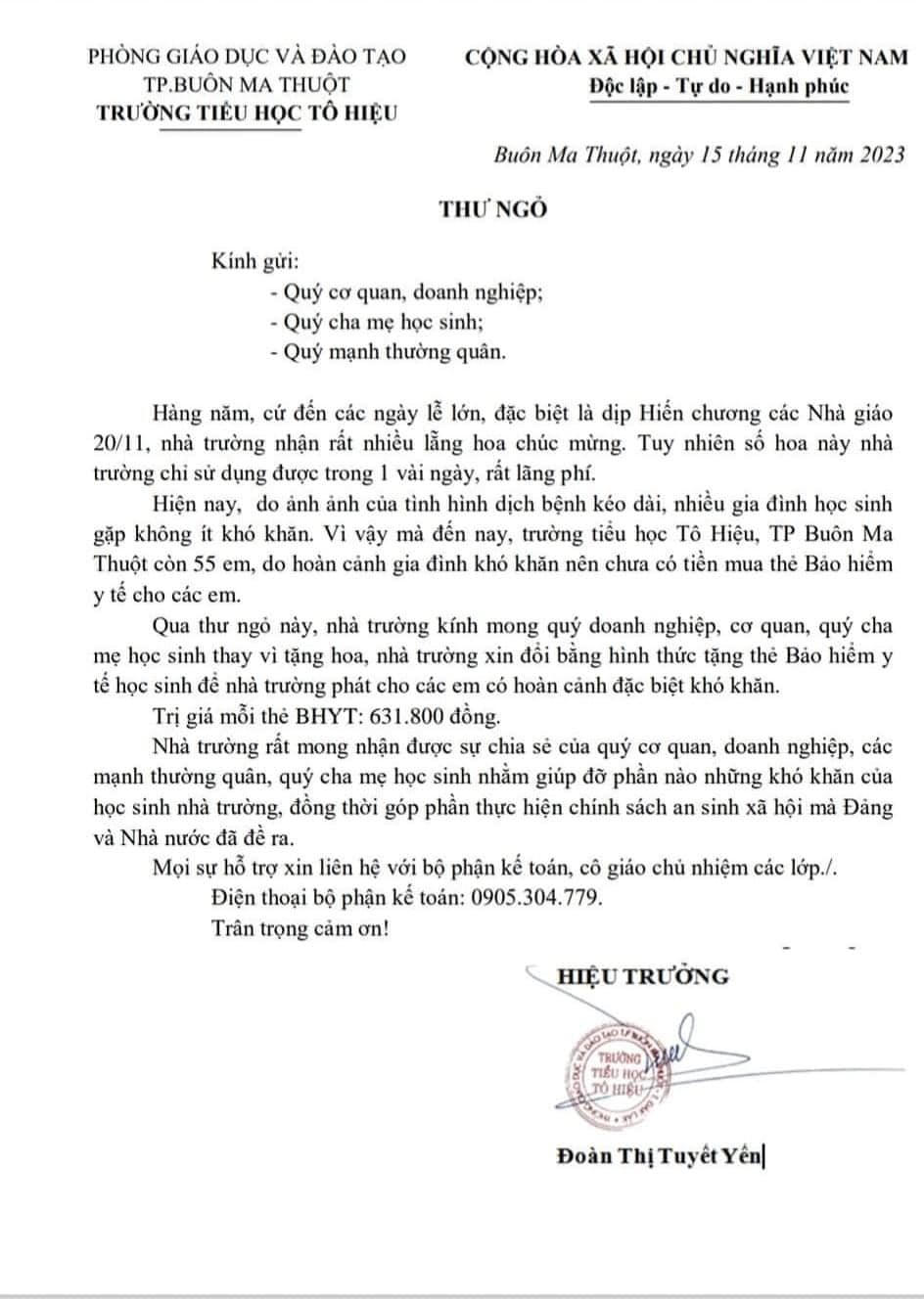 Hiệu trưởng nhận niềm vui lớn sau thư xin 'đổi quà' nhân 20/11