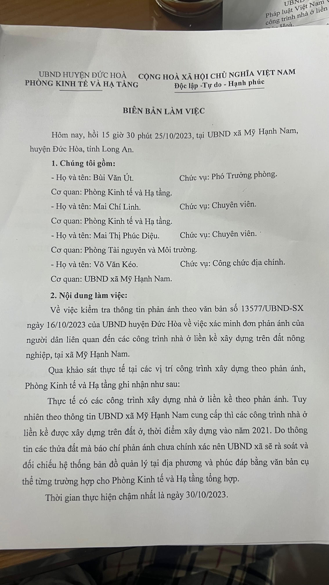 Vi phạm xây dựng tại xã Mỹ Hạnh Nam (Long An): Vì sao số liệu UBND huyện công bố có dấu hiệu không khớp thực tế? 