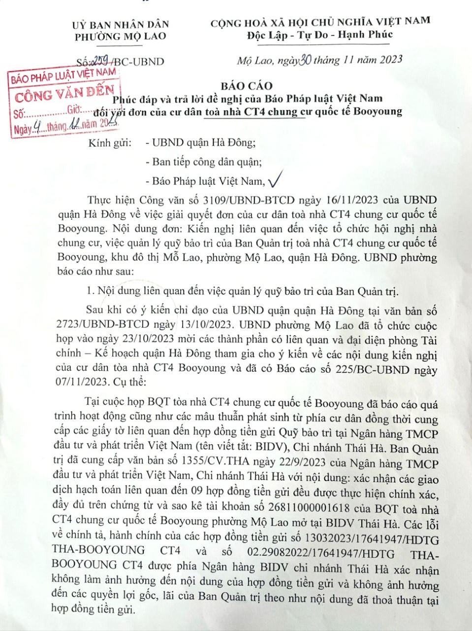 Bất đồng giữa cư dân và Ban Quản trị chung cư CT4 Booyoung (quận Hà Đông, Hà Nội): UBND phường Mộ Lao thông tin việc giải quyết
