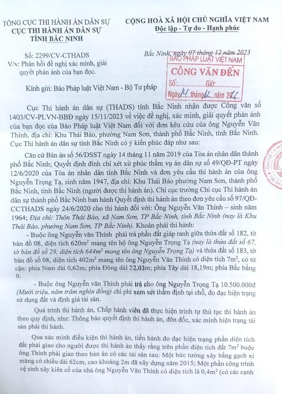 Cục Thi hành án dân sự Bắc Ninh: Trả lời khiếu nại vụ “bức tường bị phá” trên mảnh đất 7m2