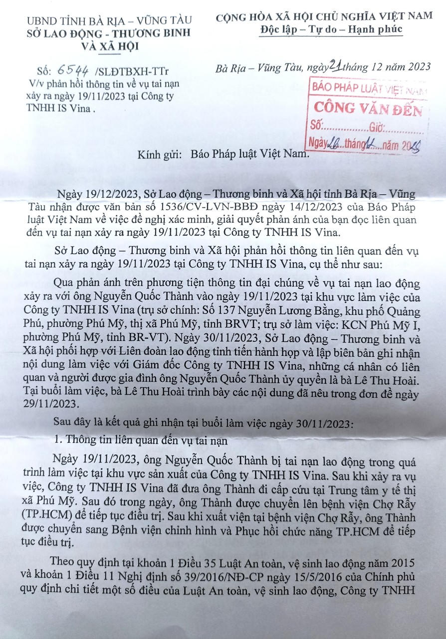 Vụ tai nạn lao động tại Cty TNHH IS VINA: Sở LĐ-TB&XH Bà Rịa - Vũng Tàu thông tin chi tiết