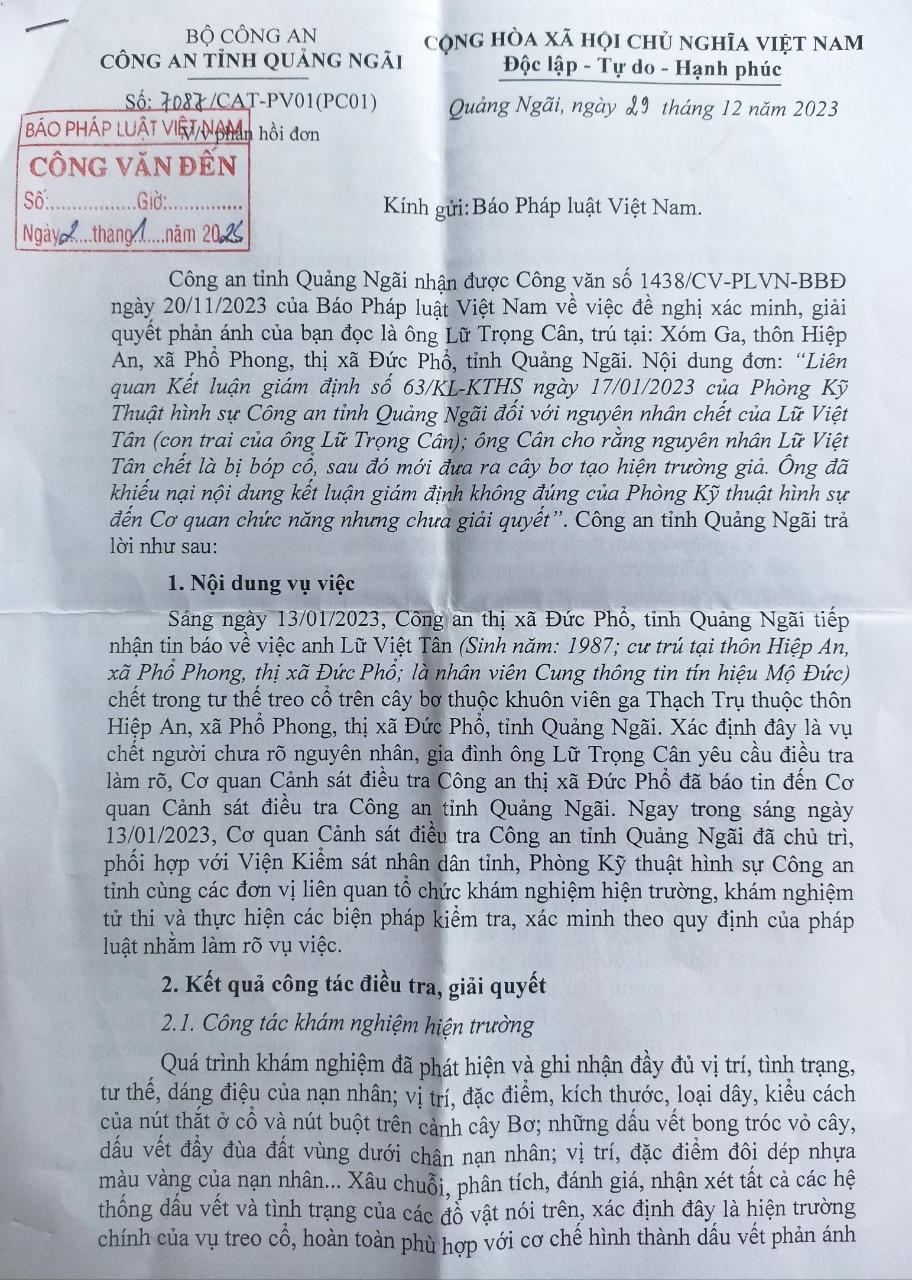 Vụ người đàn ông chết trong tư thế treo cổ trên cây bơ: Công an tỉnh Quảng Ngãi thông tin chi tiết