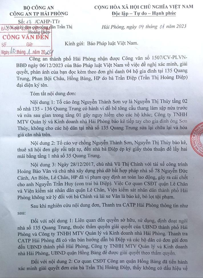 Công an thành phố Hải Phòng thông tin chi tiết vụ mâu thuẫn tại số nhà 135 phố Quang Trung