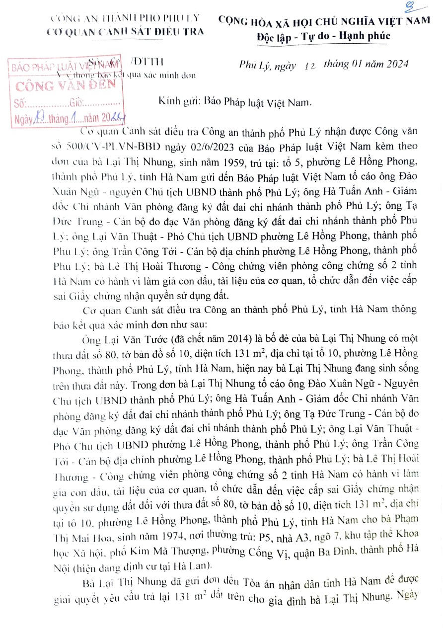 Công an TP Phủ Lý (Hà Nam): Phản hồi đơn tố cáo sự việc “cấp sổ đỏ sai quy định”