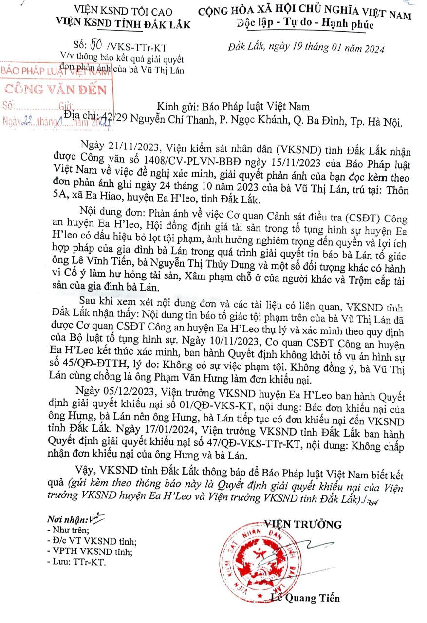 Vụ việc bị phản ánh có dấu hiệu bỏ lọt tội phạm tại Đắk Lắk: Phản hồi của VKSND tỉnh 