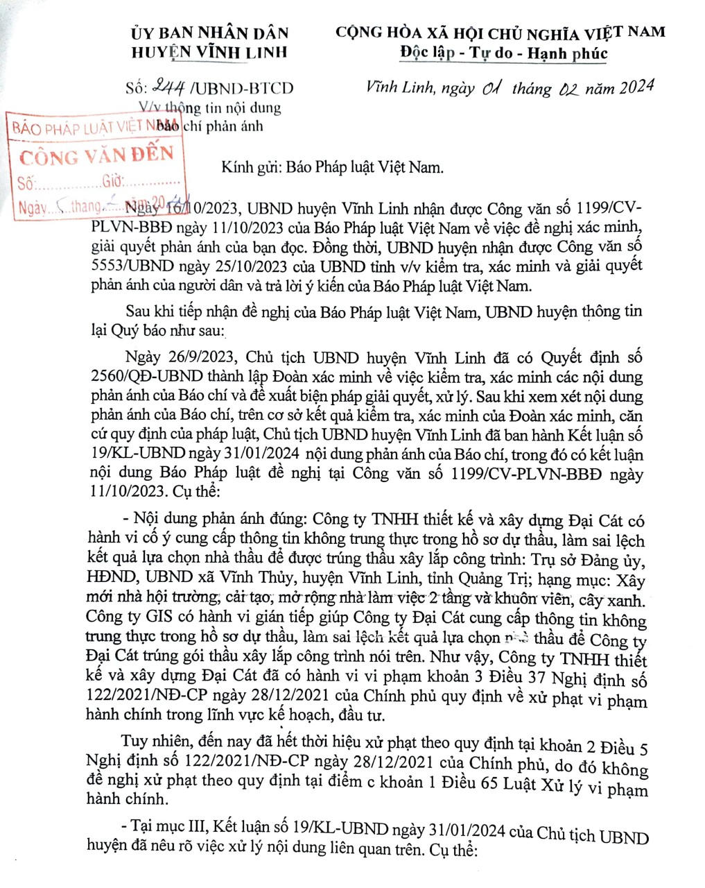 UBND huyện Vĩnh Linh (Quảng Trị): Cty Đại Cát có vi phạm trong hoạt động đấu thầu