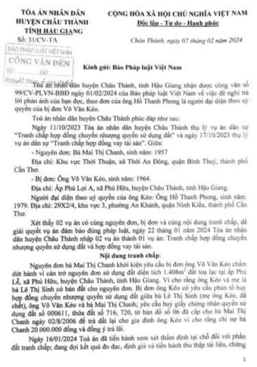Một vụ tranh chấp đất tại Hậu Giang: TAND Châu Thành cho biết 'vẫn đang trong thời hạn giải quyết'