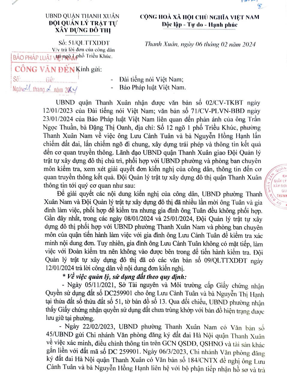 Đội Quản lý trật tự xây dựng đô thị Thanh Xuân (Hà Nội): Thông tin một việc sai phạm xây dựng tại phố Triều Khúc