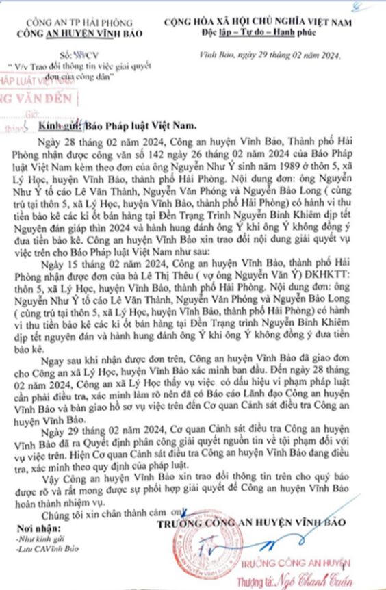 Công dân cho rằng bị hành hung khi không nộp tiền “bảo kê” tại Hải Phòng: Phản hồi của Công an huyện Vĩnh Bảo