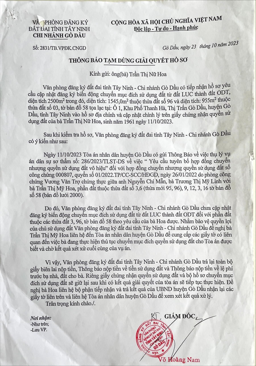 Sự việc sổ đỏ bị từ chối chỉnh lý biến động tại Tây Ninh: Trả lời của VPĐKĐĐ - Chi nhánh Gò Dầu