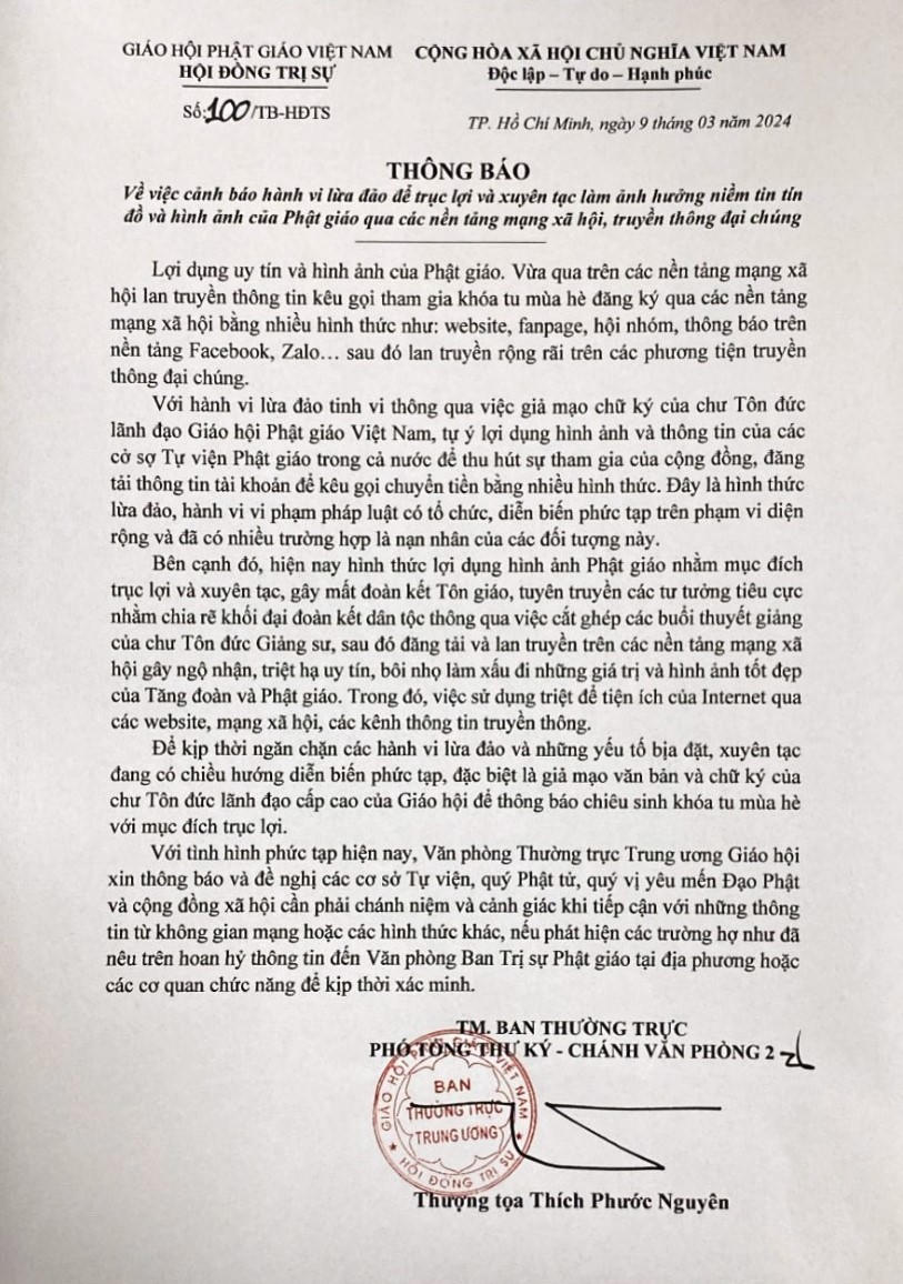 Văn phòng Thường trực Trung ương Giáo hội cảnh báo hành vi lừa đảo để trục lợi, xuyên tạc Phật giáo