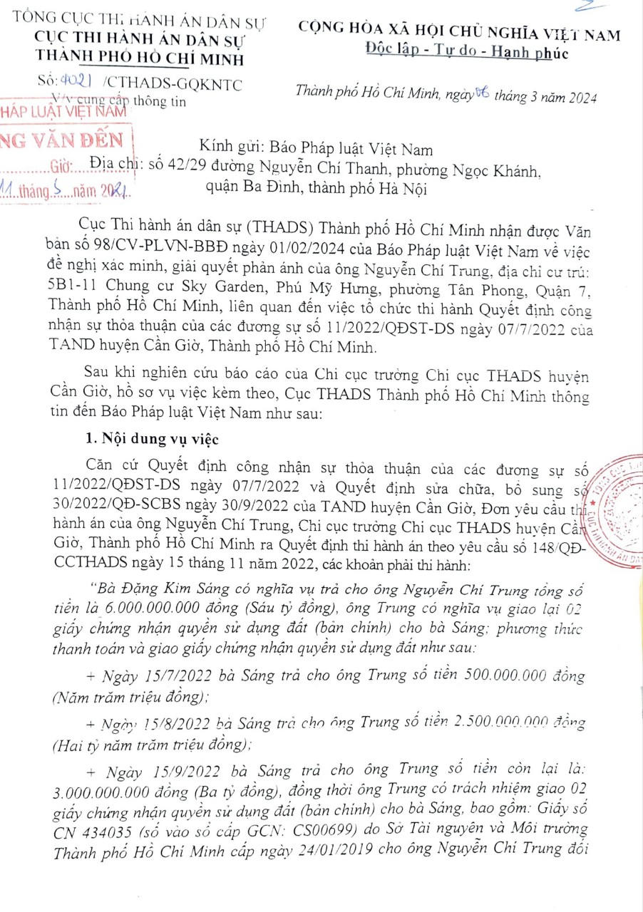 Cục Thi hành án dân sự TP Hồ Chí Minh: Thông tin về việc chậm thi hành một bản án