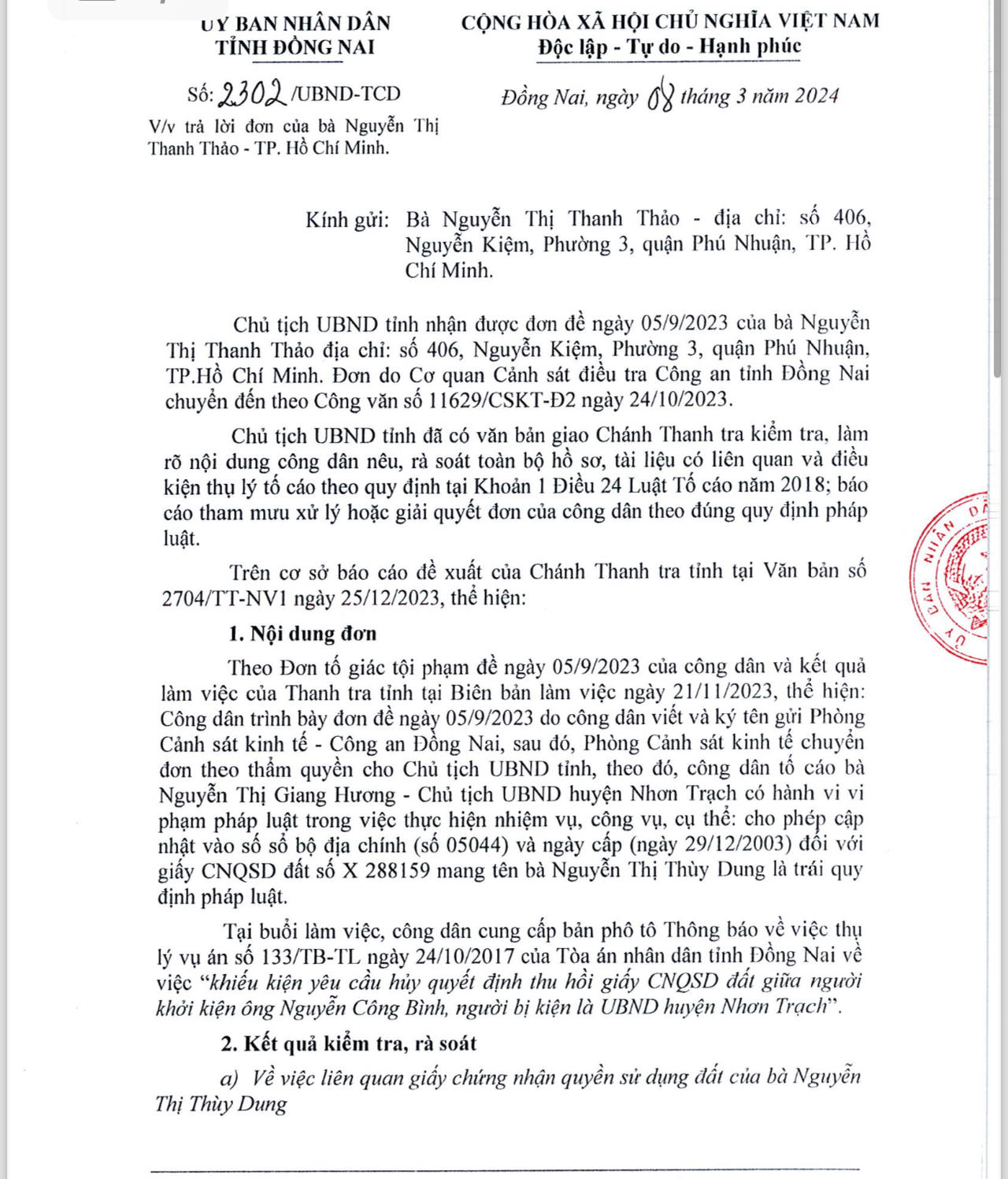 Phản hồi sự việc Chủ tịch UBND huyện Nhơn Trạch bị tố cáo
