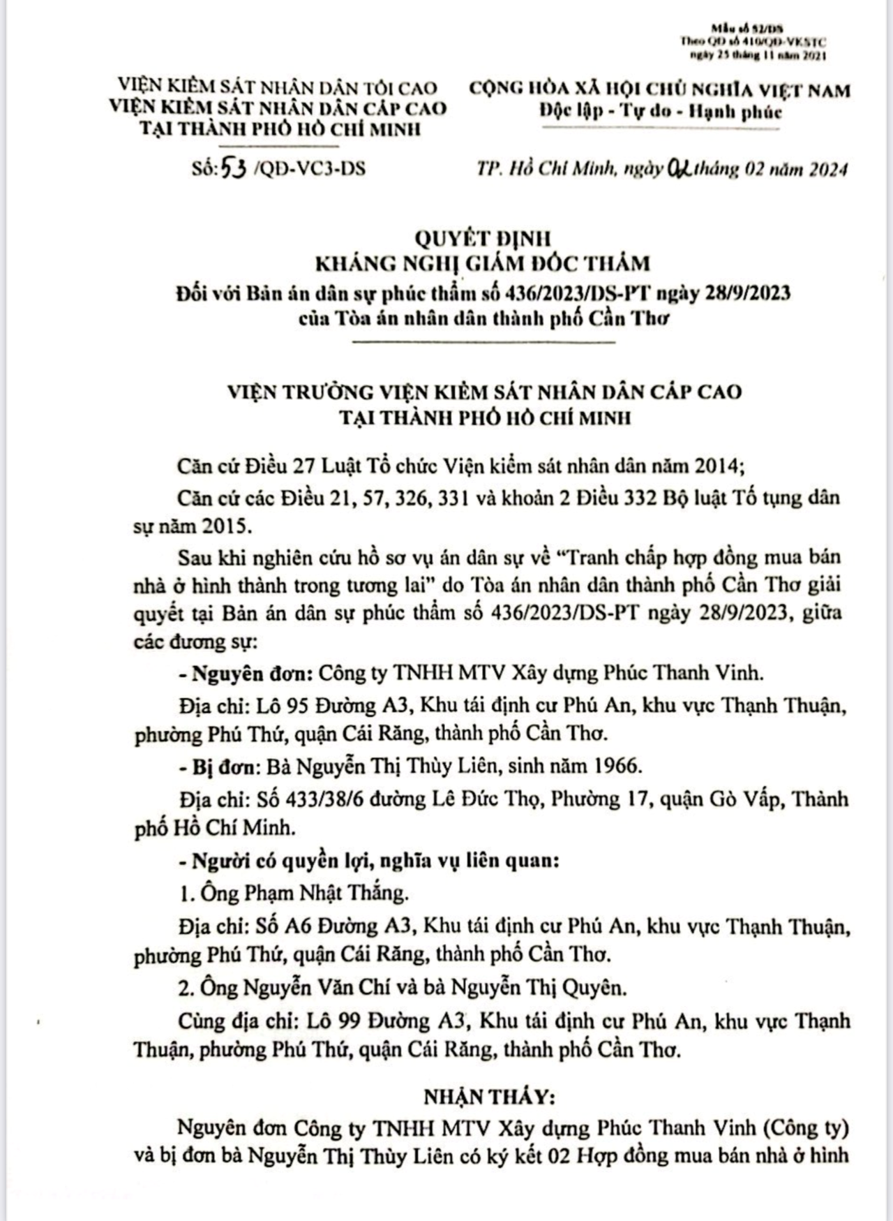 VKSND cấp cao kháng nghị hủy bản án phúc thẩm vụ án Công ty Phúc Thanh Vinh 