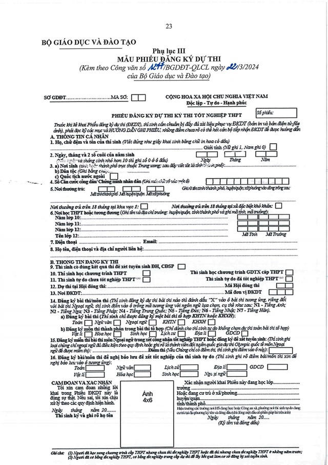 Cách ghi phiếu Đăng ký dự thi tốt nghiệp THPT 2024