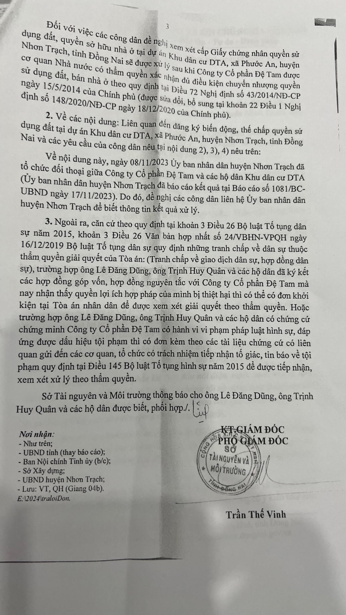 Sự việc Công ty Đệ Tam chưa được giao đất đã ký hợp đồng 'góp vốn': Sở Tài nguyên và Môi trường Đồng Nai có văn bản trả lời