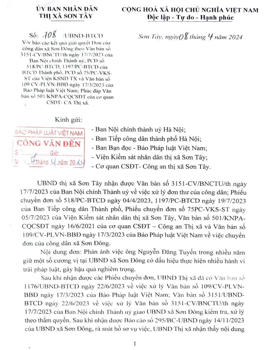 UBND TX Sơn Tây (Hà Nội): Phản hồi chi tiết đơn tố cáo “cán bộ xã Sơn Đông cấp đất sai”