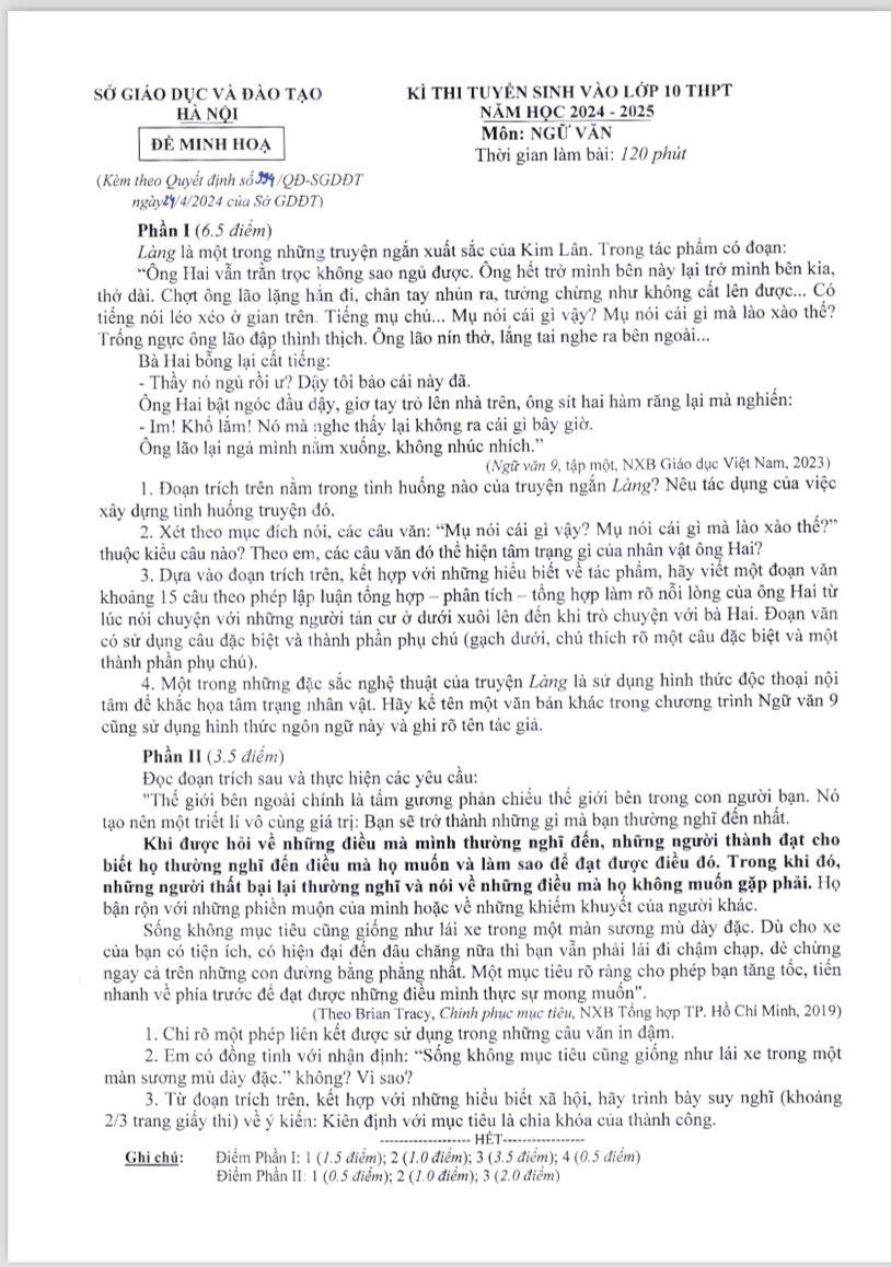 Hà Nội công bố đề minh họa 3 môn thi lớp 10