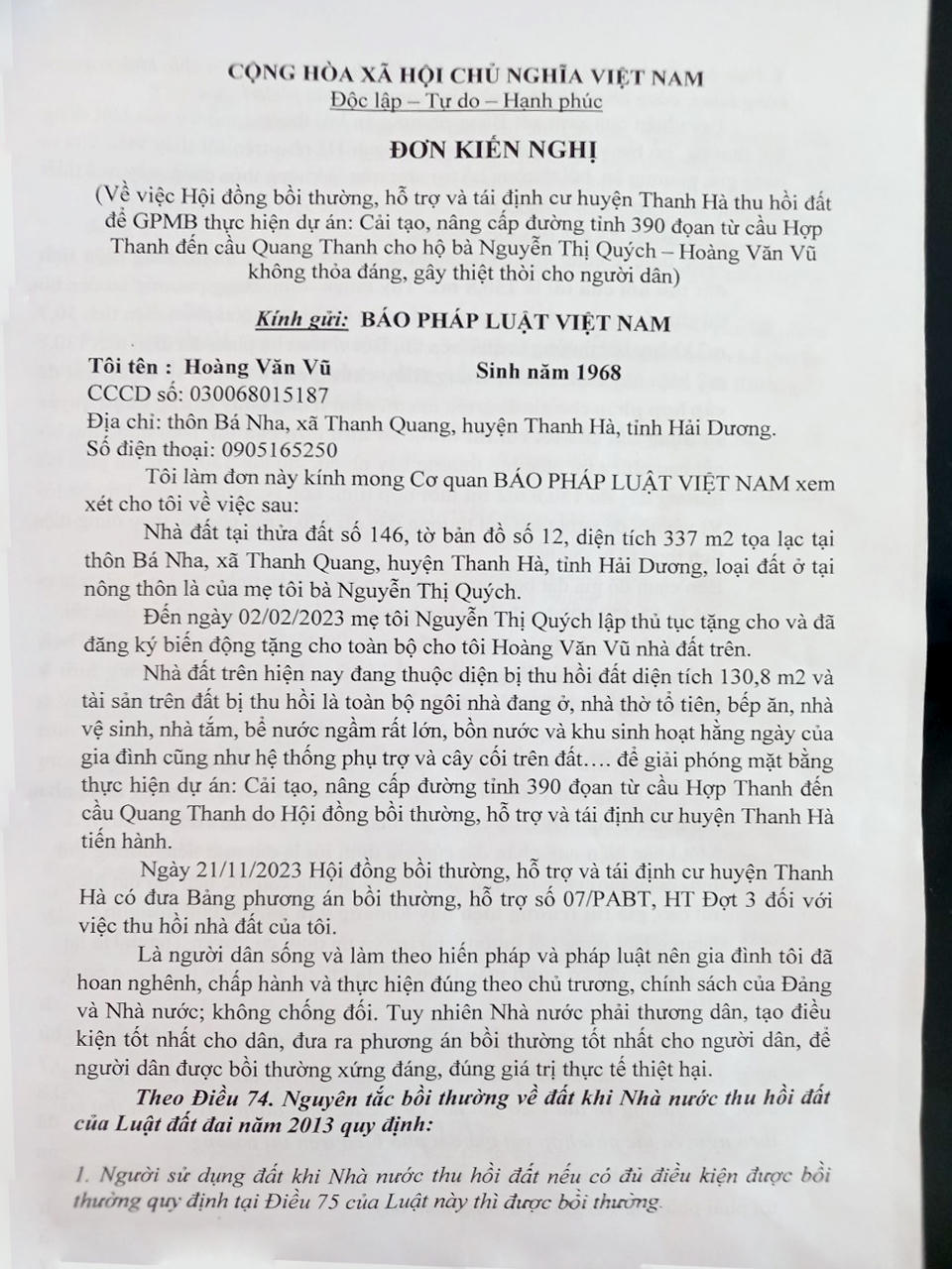 Sự việc 30,7m2 đất trong sổ đỏ bị thu hồi không bồi thường: UBND huyện Thanh Hà (Hải Dương) nêu quan điểm