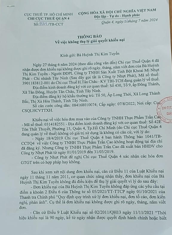 Tiếp vụ Công ty Nhựt Phát khiếu nại kết luận 'trốn thuế': Chi cục Thuế quận 4 khẳng định 'phải chờ kết luận từ cơ quan điều tra'