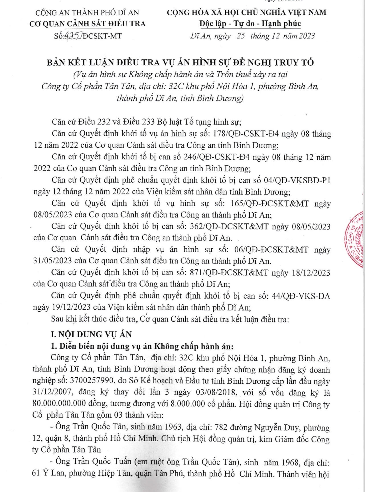 Bình Dương: Kết luận điều tra vụ “không chấp hành án” tại Công ty Tân Tân