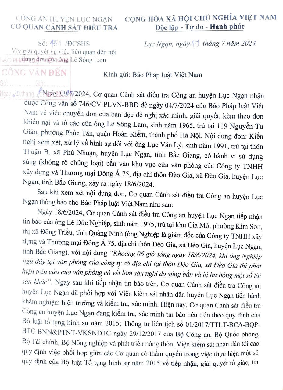 Nghi án nổ súng tại Công ty Đông Á 75 (Bắc Giang): Công an huyện Lục Ngạn đang kiểm tra, xác minh