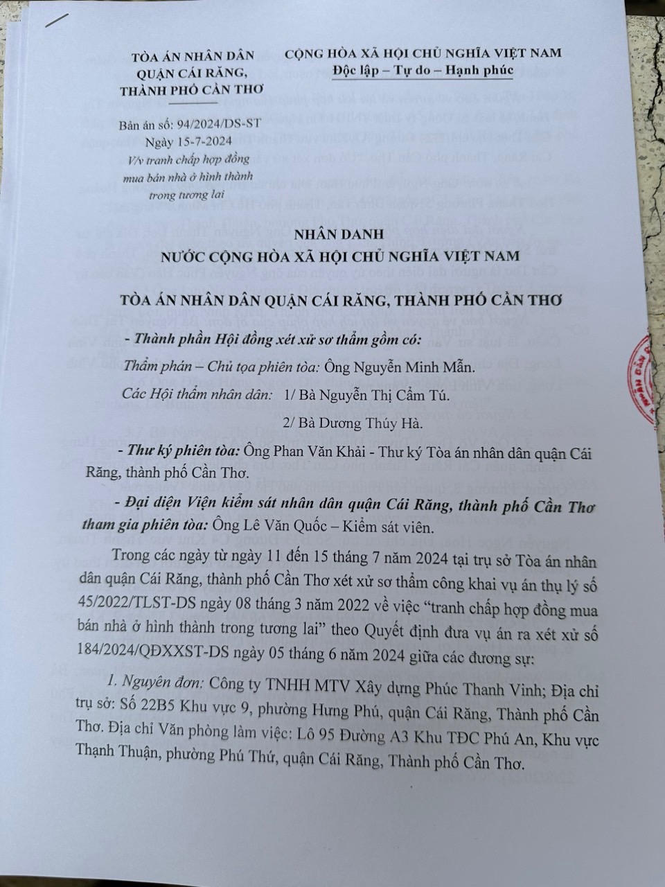 Sơ thẩm vụ kiện liên quan Công ty Phúc Thanh Vinh (Cần Thơ): Bản gốc “Hợp đồng môi giới bất động sản” vẫn chưa được thu thập 