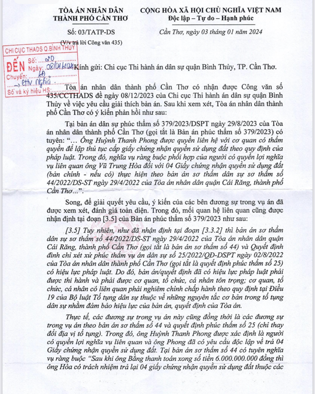 Vụ án 'bồi thường tiền đặt cọc' chưa được thi hành tại Cần Thơ: Tổng cục Thi hành án dân sự yêu cầu báo cáo 
