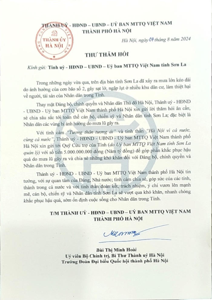 'Hà Nội vì cả nước', hỗ trợ 3 tỉnh thiệt hại do mưa bão 10 tỷ đồng