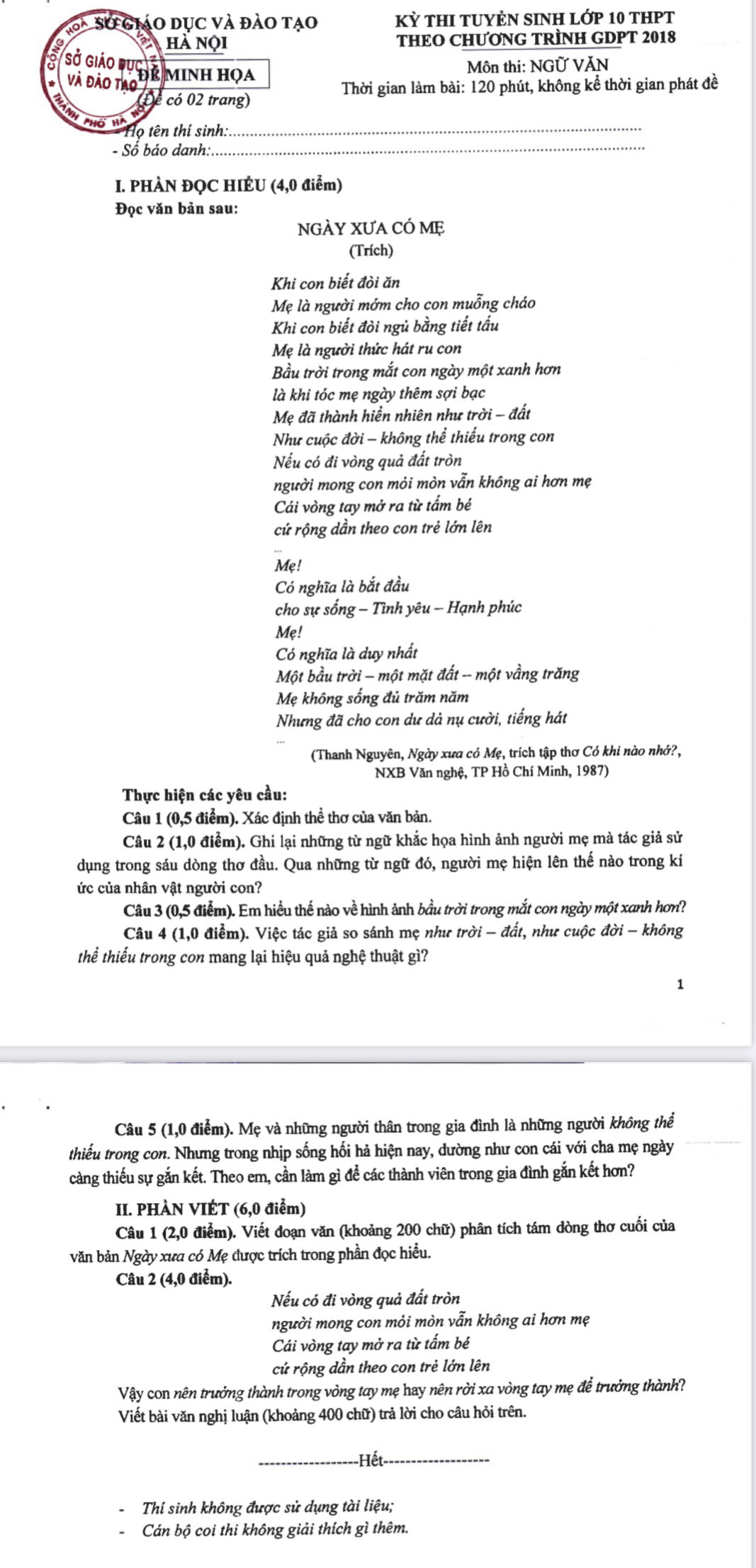 Đề minh họa 7 môn thi lớp 10 chương trình mới ở Hà Nội