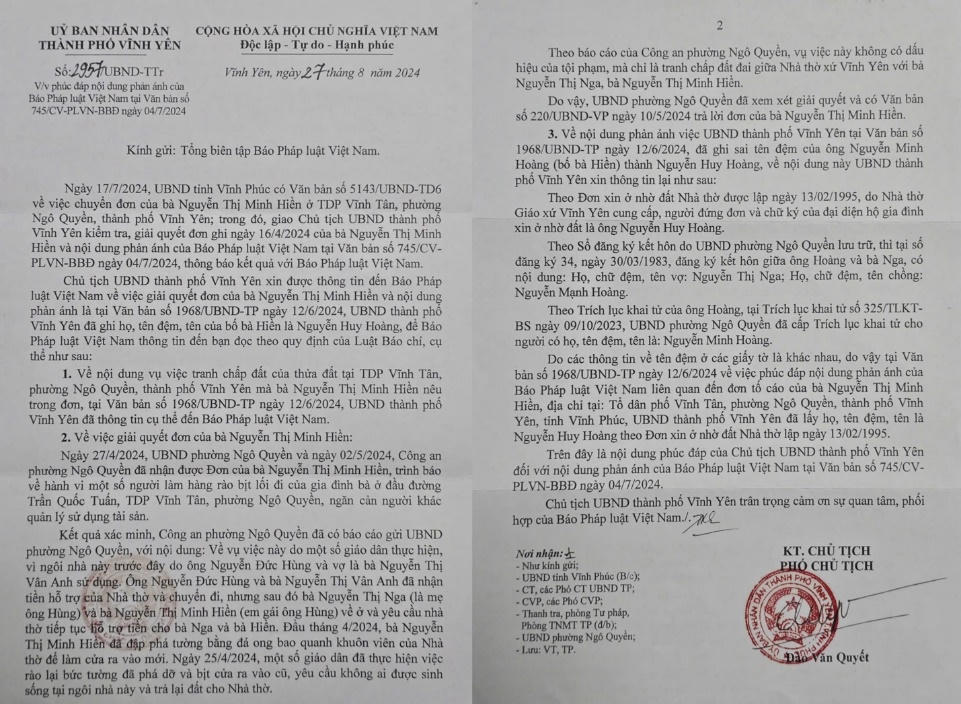 Vĩnh Phúc: UBND TP Vĩnh Yên phúc đáp phản ánh ghi sai tên đệm công dân