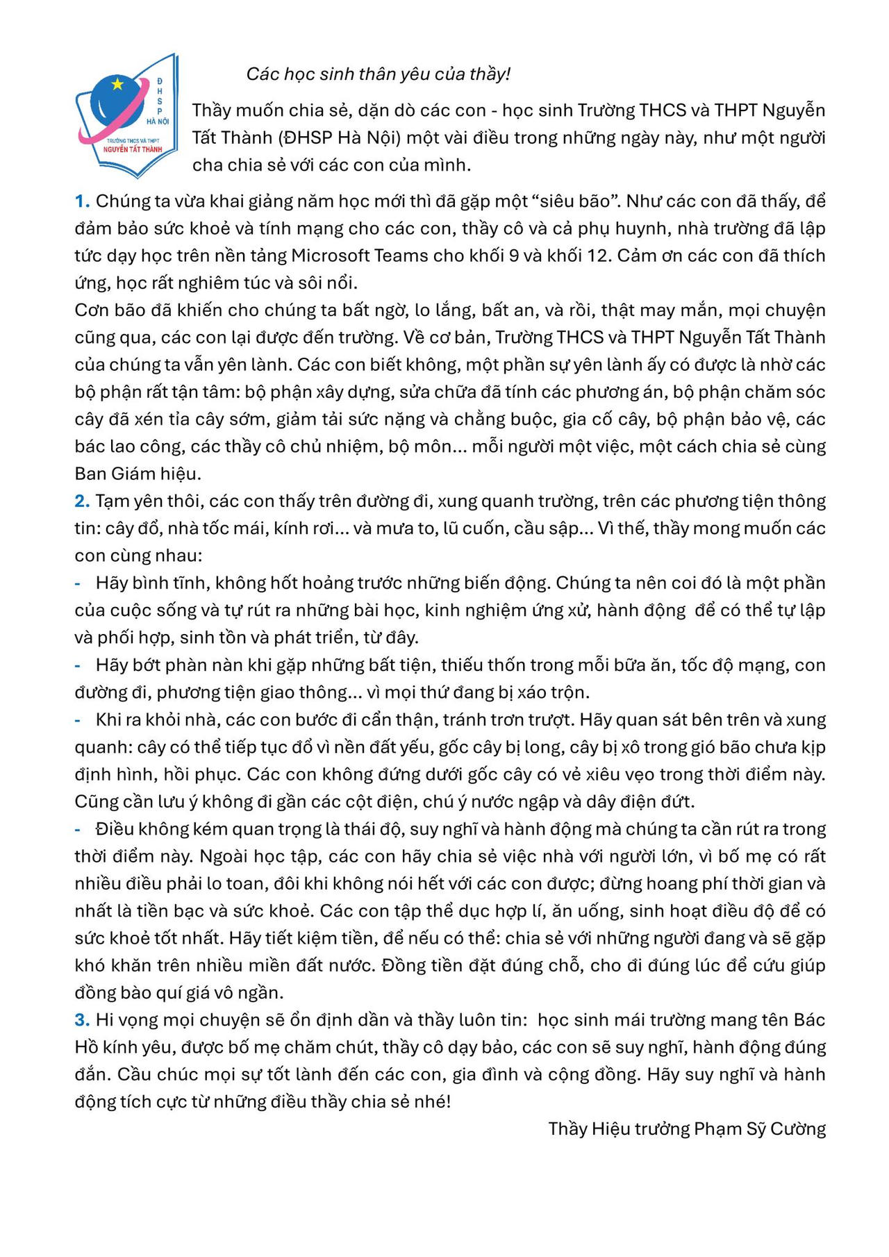 Thầy Hiệu trưởng viết tâm thư dặn học trò cách ứng xử sau bão số 3