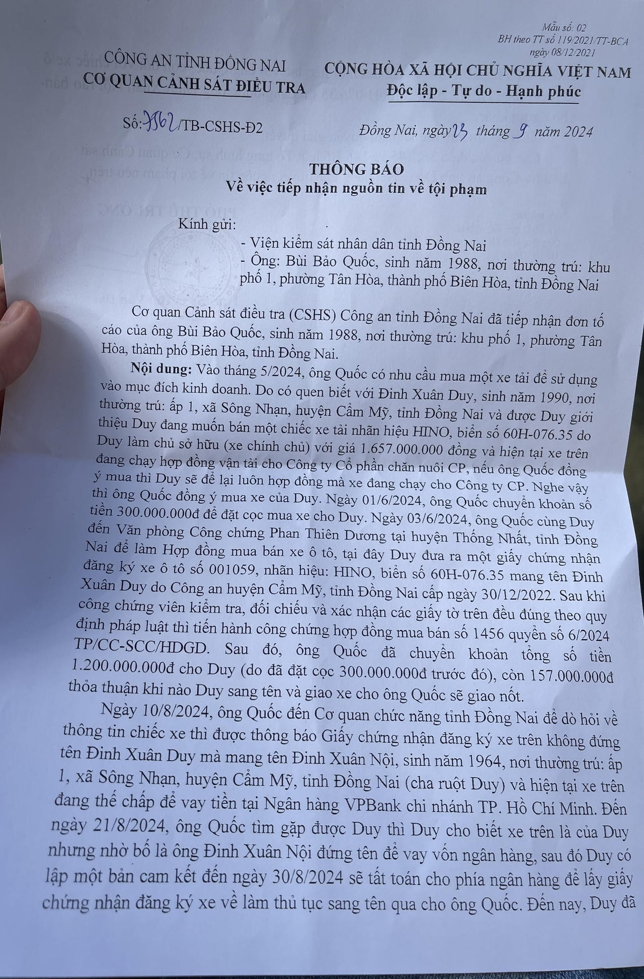 Diễn biến nghi án làm giả giấy tờ xe lừa tiền tỷ: Công an Đồng Nai ra thông báo tiếp nhận nguồn tin tội phạm