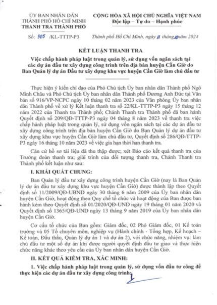 TP Hồ Chí Minh: Sai phạm trong sử dụng vốn ngân sách tại một số dự án ở Cần Giờ