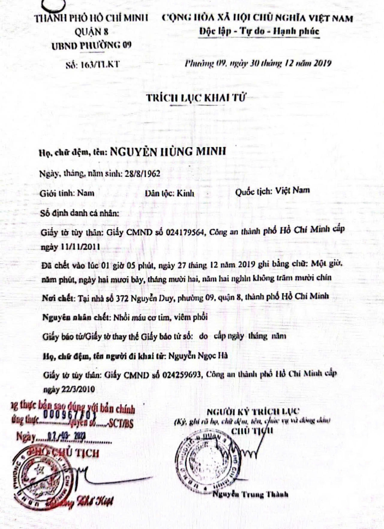 Dấu hiệu gian dối trong hồ sơ khai tử 'đại gia' nổi tiếng quận 8, TP HCM