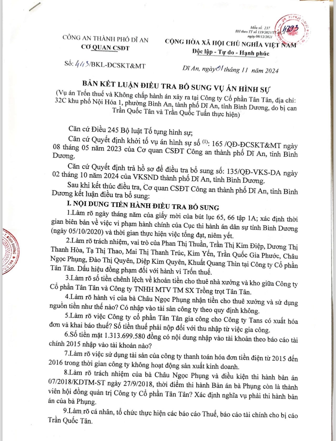 Công an TP Dĩ An (Bình Dương): Kết luận điều tra bổ sung vụ án xảy ra tại Công ty Tân Tân 